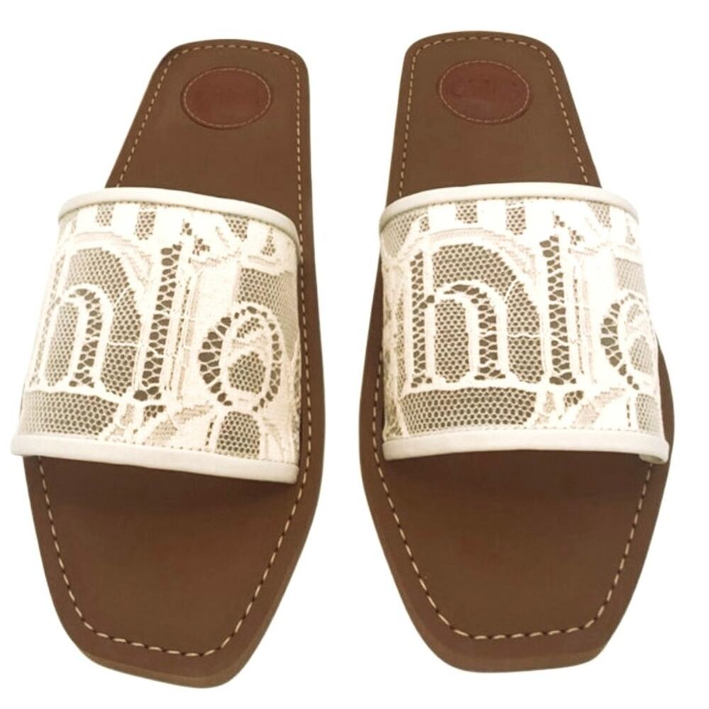 Authentic Chloé Woody Flat Mule Sandals cream logo-detailed lace strap Size 7|37